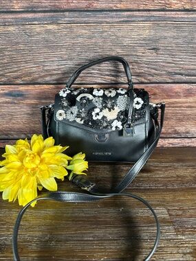 Michael Michael Kors Bristol Small Floral Applique Leather Satchel in black.